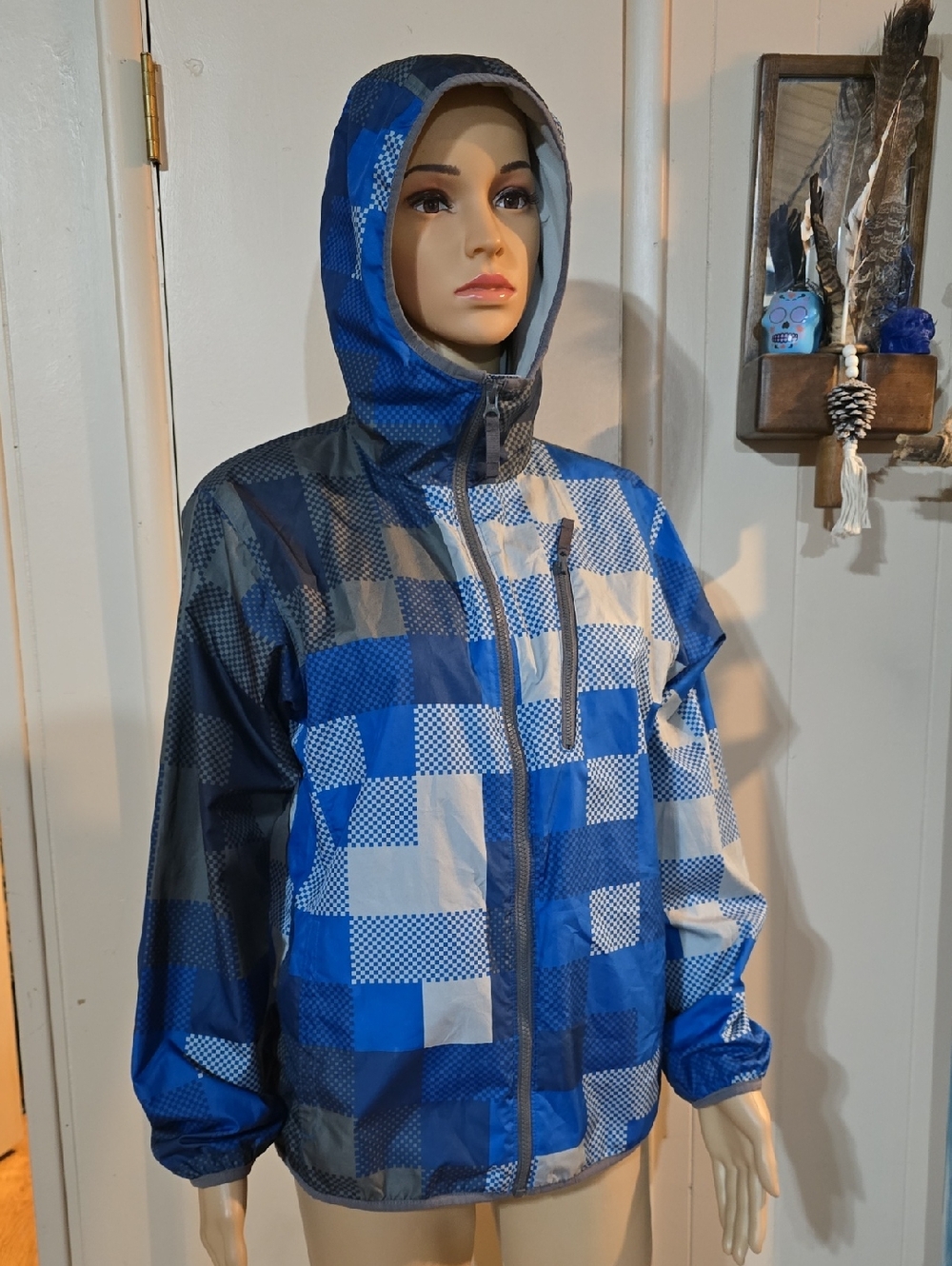 Columbia Waterproof Blue Plaid Hooded Jacket